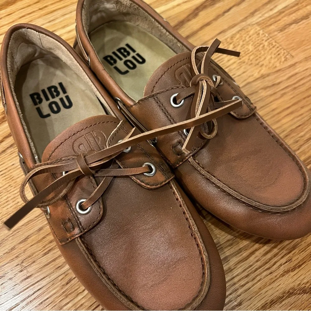 Anthropologie Bibilou Bibi Lou Leather Boat Shoes Brown Cognac Women’s EU 37 6.5